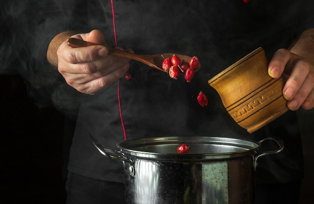 Chef preparing rustic soup